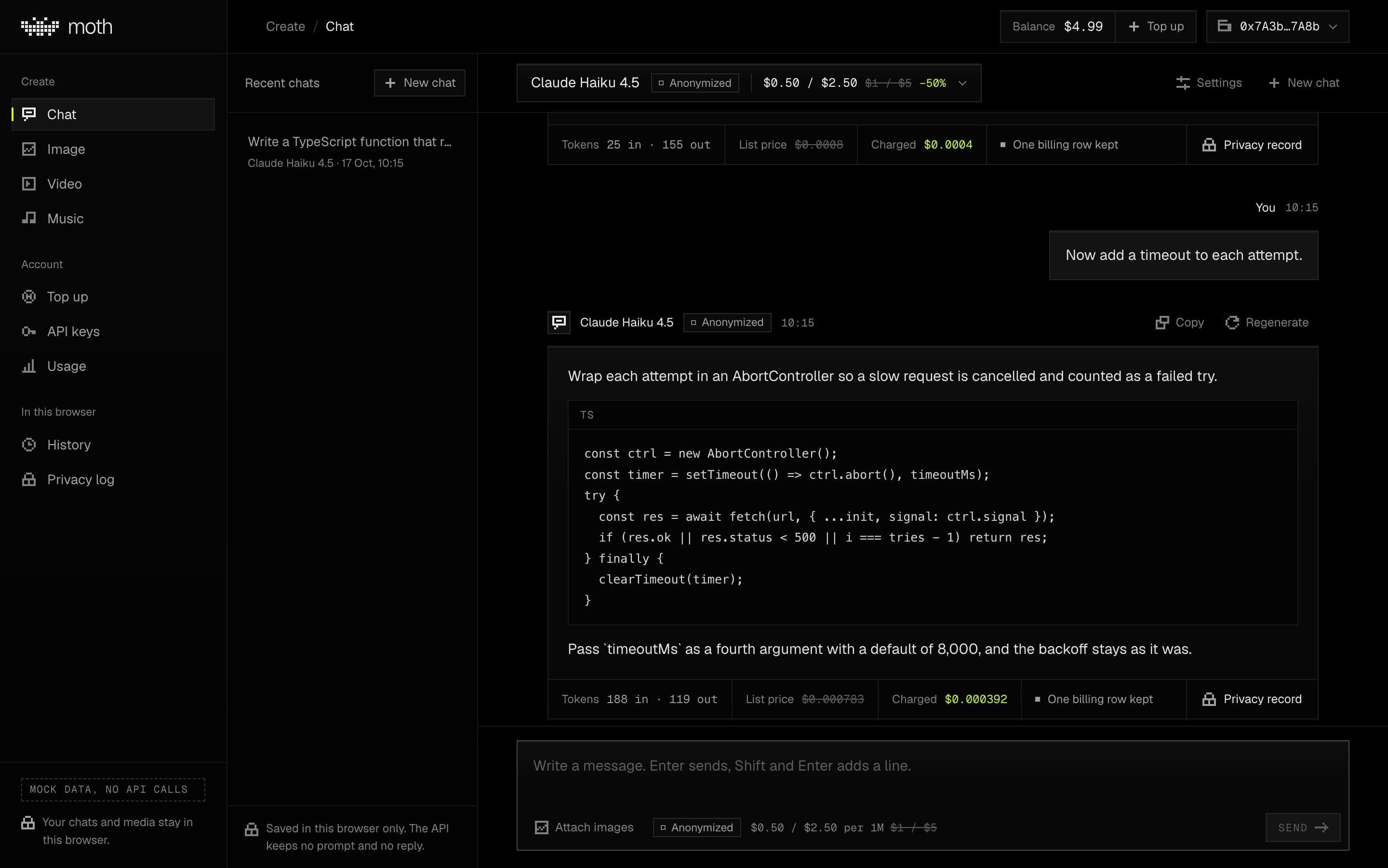The app's chat screen, a coding answer with its cost band showing tokens, the list price struck through, the charge and one billing row kept