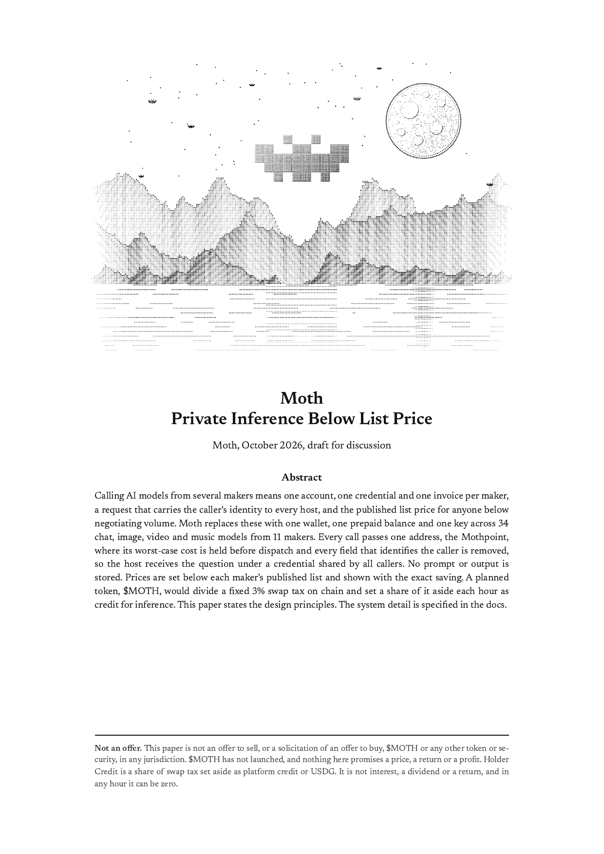 The whitepaper's title page, a dot-matrix engraving of a night horizon with the moth mark